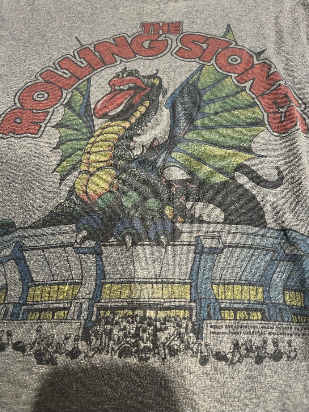 the Rolling Stones Gray Tee with Green, Red & Yellow Dragon Graphic
